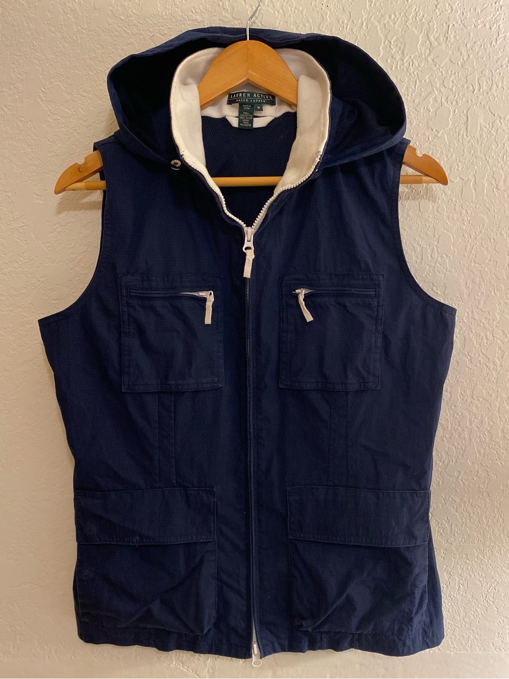 Ralph Lauren - Lauren Active Navy with White Trim Hooded Utility Vest Women’s M